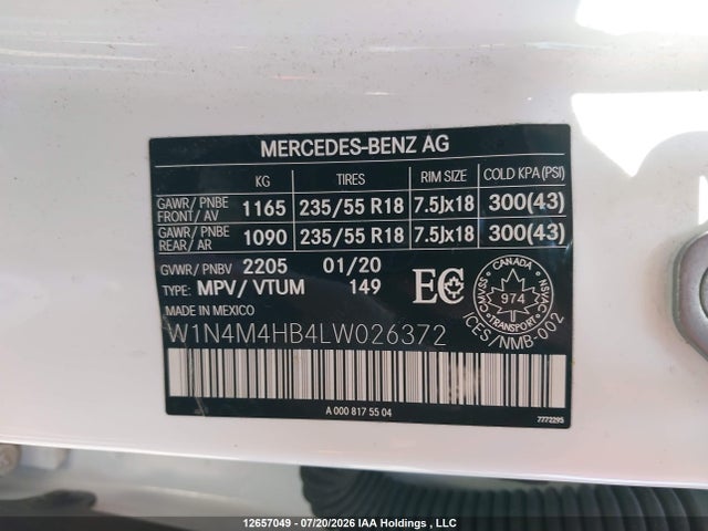 2020 Mercedes-benz Glb 250 4matic მანქანა იყიდება აუქციონზე, vin: W1N4M4HB4LW026372, აუქციონის ნომერი: 12657049