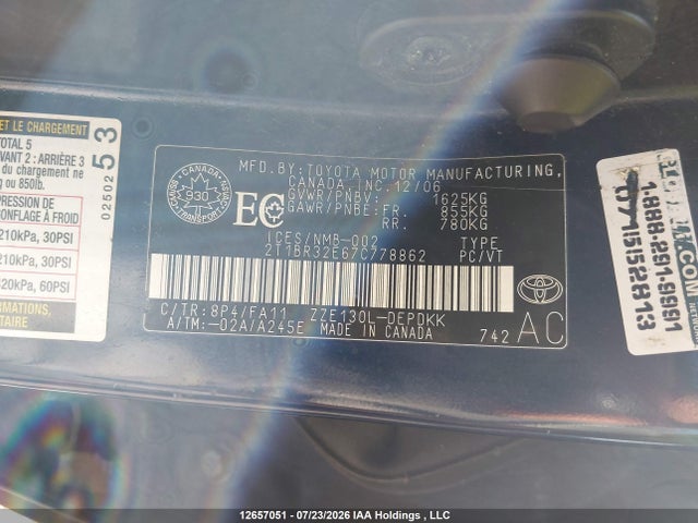 Aukcja sprzedaży 2007 Toyota Corolla Ce/le/s, vin: 2T1BR32E67C778862, numer aukcji: 12657051