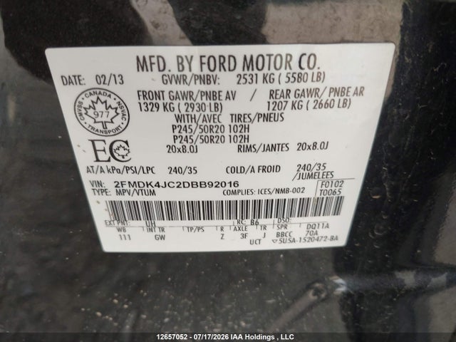 2013 Ford Edge Sel მანქანა იყიდება აუქციონზე, vin: 2FMDK4JC2DBB92016, აუქციონის ნომერი: 12657052