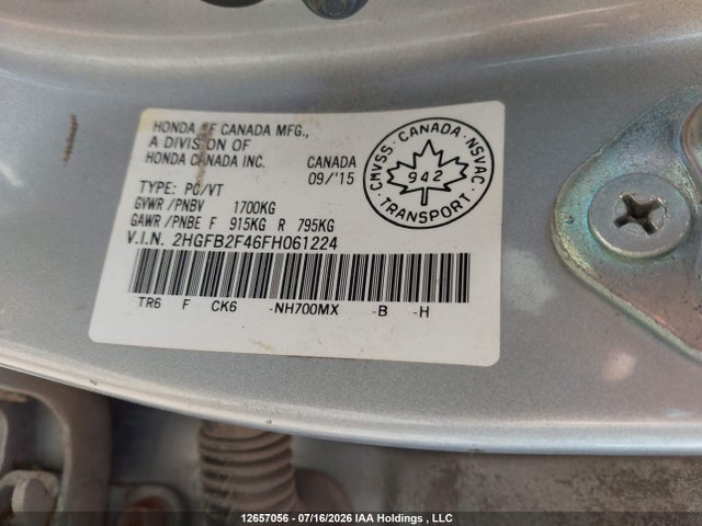 Honda Civic 2015 2HGFB2F46FH061224 Image 9