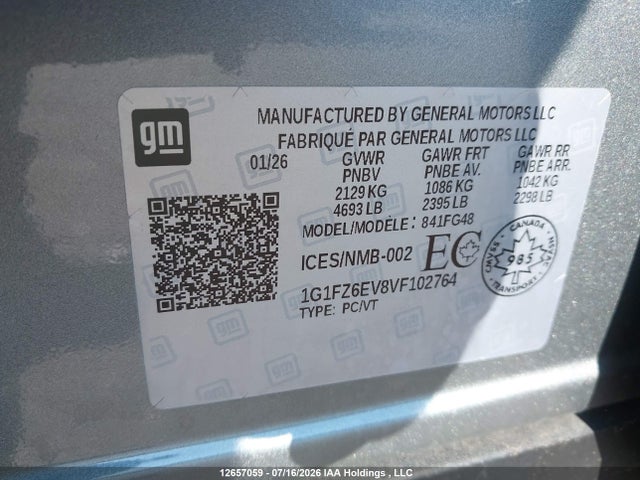 2027 Chevrolet Bolt Rs Fwd მანქანა იყიდება აუქციონზე, vin: 1G1FZ6EV8VF102764, აუქციონის ნომერი: 12657059