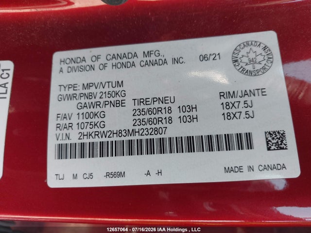 Honda Cr-v Ex-l 2021 2HKRW2H83MH232807 Image 18