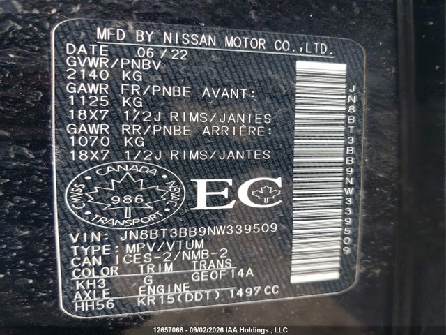 JN8BT3BB9NW339509 Nissan ROGUE SV