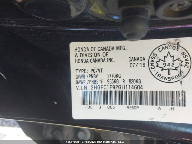 12657068 :رقم المزاد ، 2HGFC1F92GH114604 vin ، 2016 Honda Civic Touring مزاد بيع