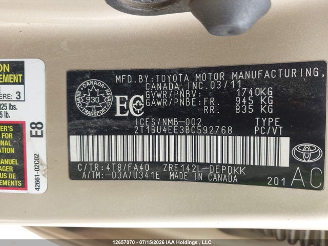 Aukcja sprzedaży 2011 Toyota Corolla S/le, vin: 2T1BU4EE3BC592768, numer aukcji: 12657070