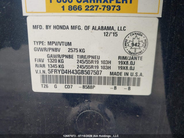 Продажа на аукционе авто 2016 Acura Mdx Navigation Package, vin: 5FRYD4H43GB507507, номер лота: 12657073