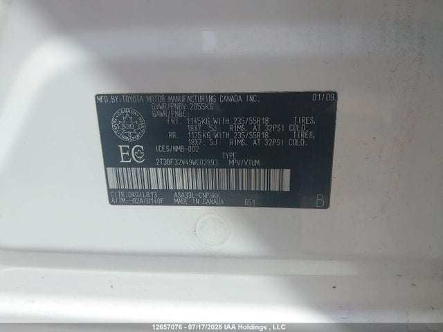 12657076 :رقم المزاد ، 2T3BF32V49W002893 vin ، 2009 Toyota Rav4 Sport مزاد بيع