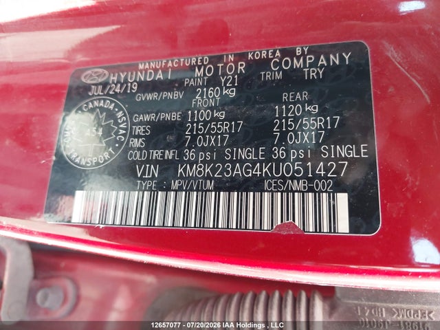 12657077 :رقم المزاد ، KM8K23AG4KU051427 vin ، 2019 Hyundai Kona Sel مزاد بيع