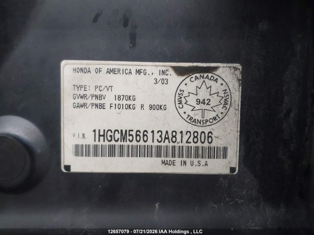 Продаж на аукціоні авто 2003 Honda Accord Ex, vin: 1HGCM56613A812806, номер лоту: 12657079