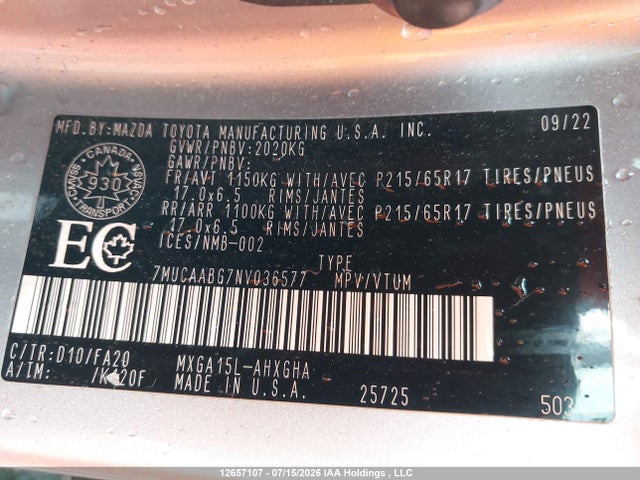 Aukcja sprzedaży 2022 Toyota Corolla Cross Le, vin: 7MUCAABG7NV036577, numer aukcji: 12657107