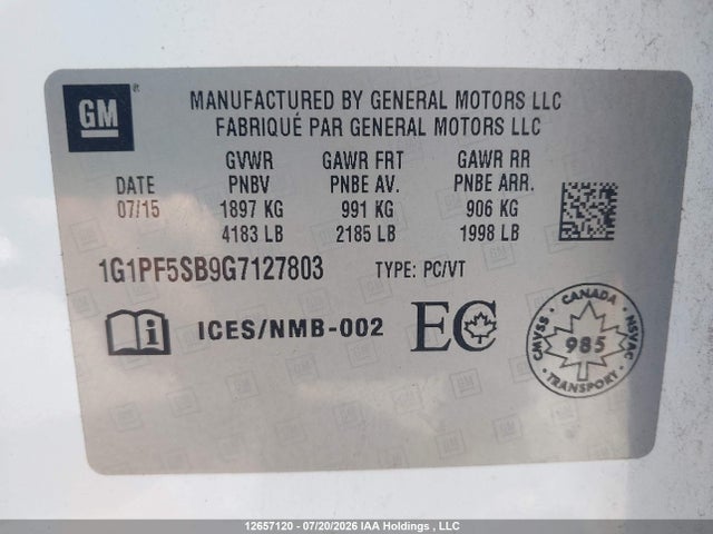 Aukcja sprzedaży 2016 Chevrolet Cruze Limited, vin: 1G1PF5SB9G7127803, numer aukcji: 12657120
