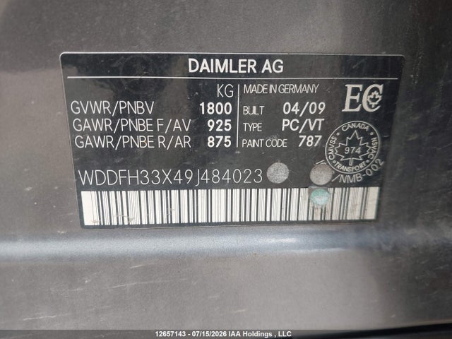 12657143 :رقم المزاد ، WDDFH33X49J484023 vin ، 2009 Mercedes-benz B 200 مزاد بيع