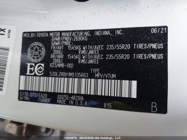 2021 Toyota Highlander Xse მანქანა იყიდება აუქციონზე, vin: 5TDLZRBH1MS135663, აუქციონის ნომერი: 12644678