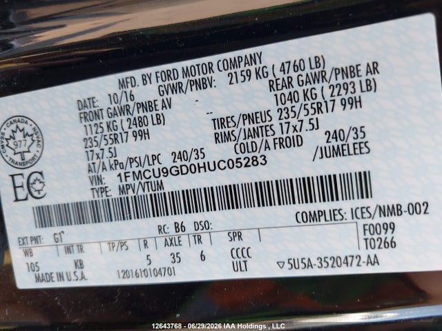 Ford ESCAPE SE 2017 1FMCU9GD0HUC05283 Image 9
