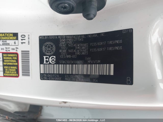 2019 Toyota Sienna Le V6 მანქანა იყიდება აუქციონზე, vin: 5TDKZ3DC5KS008292, აუქციონის ნომერი: 12641453