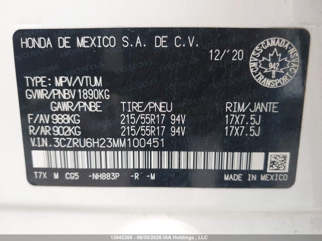 Продажа на аукционе авто 2021 Honda Hr-v Sport, vin: 3CZRU6H23MM100451, номер лота: 12642268