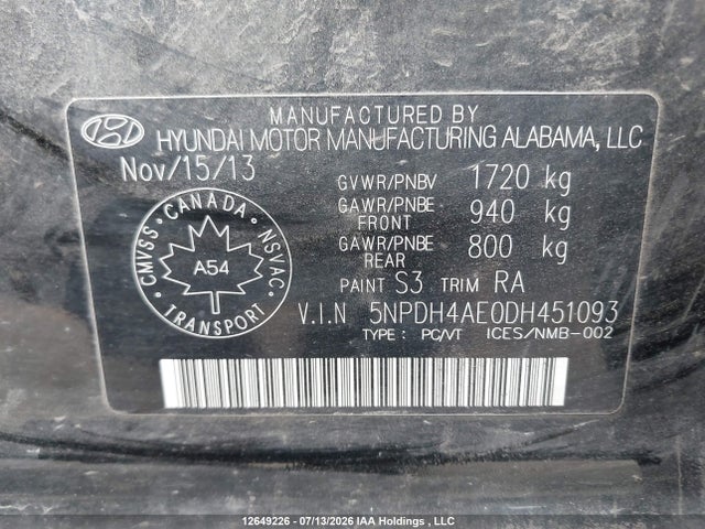 12649226 :رقم المزاد ، 5NPDH4AE0DH451093 vin ، 2013 Hyundai Elantra Gl مزاد بيع