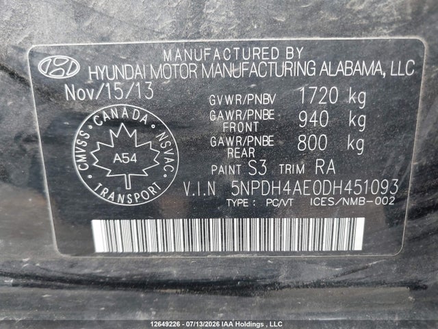 12649226 :رقم المزاد ، 5NPDH4AE0DH451093 vin ، 2013 Hyundai Elantra Gl مزاد بيع