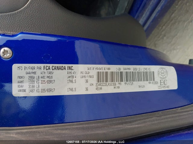 Продаж на аукціоні авто 2020 Dodge Grand Caravan, vin: 2C4RDGCG5LR161936, номер лоту: 12657155