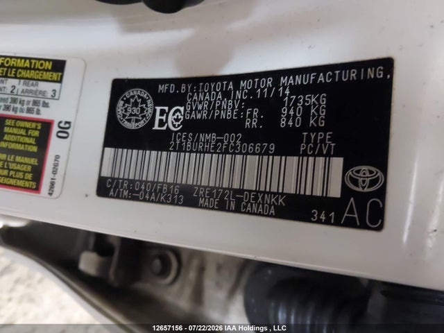 Продажа на аукционе авто 2015 Toyota Corolla L/le/le Pls/prm/s/s Pls, vin: 2T1BURHE2FC306679, номер лота: 12657156
