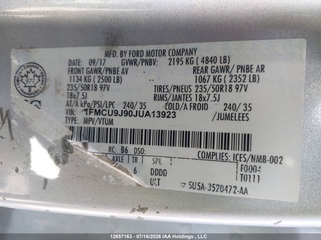 Aukcja sprzedaży 2018 Ford Escape Titanium, vin: 1FMCU9J90JUA13923, numer aukcji: 12657163