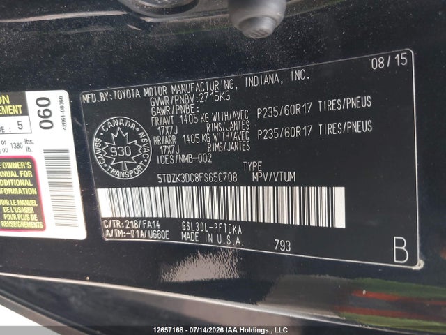 Продаж на аукціоні авто 2015 Toyota Sienna, vin: 5TDZK3DC8FS650708, номер лоту: 12657168