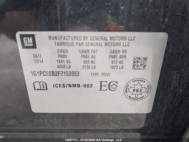 12657171 :رقم المزاد ، 1G1PC5SB2F7153053 vin ، 2015 Chevrolet Cruze 1lt مزاد بيع