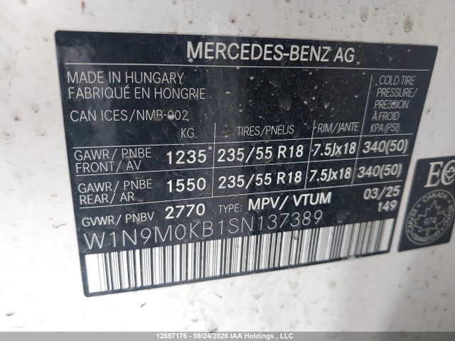 Продаж на аукціоні авто 2025 Mercedes-benz Eqb 300 4matic, vin: W1N9M0KB1SN137389, номер лоту: 12657176