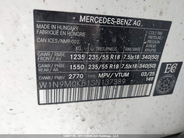 Продаж на аукціоні авто 2025 Mercedes-benz Eqb 300 4matic, vin: W1N9M0KB1SN137389, номер лоту: 12657176