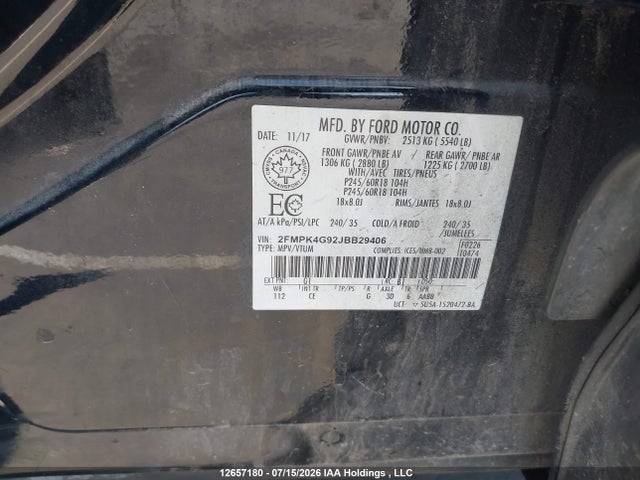 12657180 :رقم المزاد ، 2FMPK4G92JBB29406 vin ، 2018 Ford Edge مزاد بيع