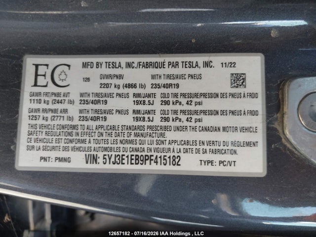 5YJ3E1EB9PF415182 Tesla Model 3 Long Range