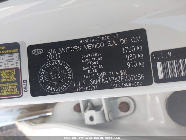 12657185 :رقم المزاد ، 3KPFK4A78JE207056 vin ، 2018 Kia Forte Lx/lx+ مزاد بيع