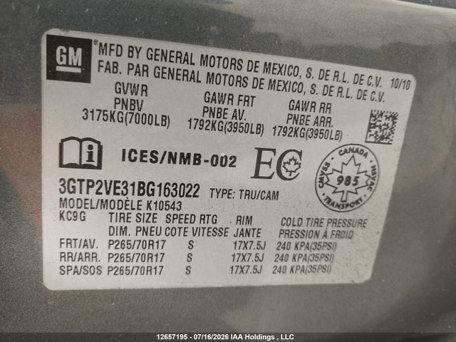 12657195 :رقم المزاد ، 3GTP2VE31BG163022 vin ، 2011 Gmc Sierra K1500 Sle مزاد بيع