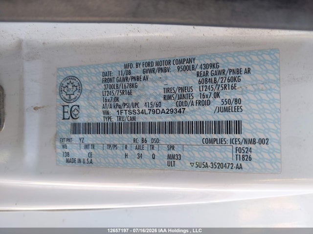 12657197 :رقم المزاد ، 1FTSS34L79DA29347 vin ، 2009 Ford Econoline E350 Super Duty Van مزاد بيع