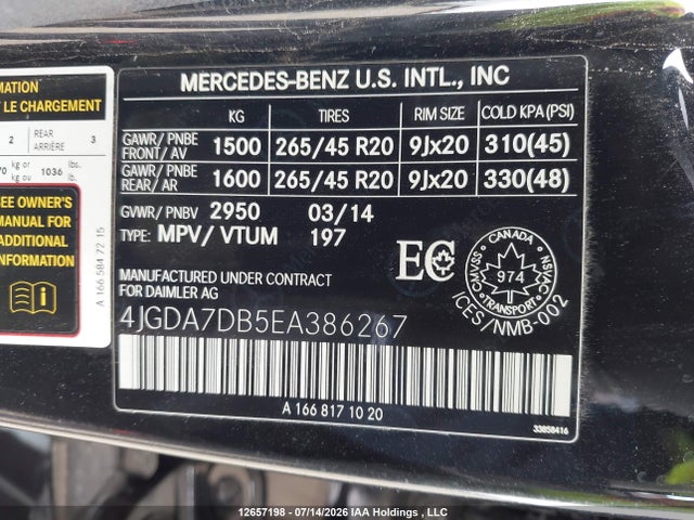 Продажа на аукционе авто 2014 Mercedes-benz Ml 550 4matic, vin: 4JGDA7DB5EA386267, номер лота: 12657198