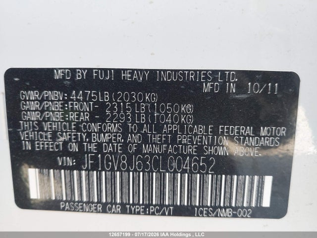 12657199 :رقم المزاد ، JF1GV8J63CL004652 vin ، 2012 Subaru Impreza Wrx Sti مزاد بيع