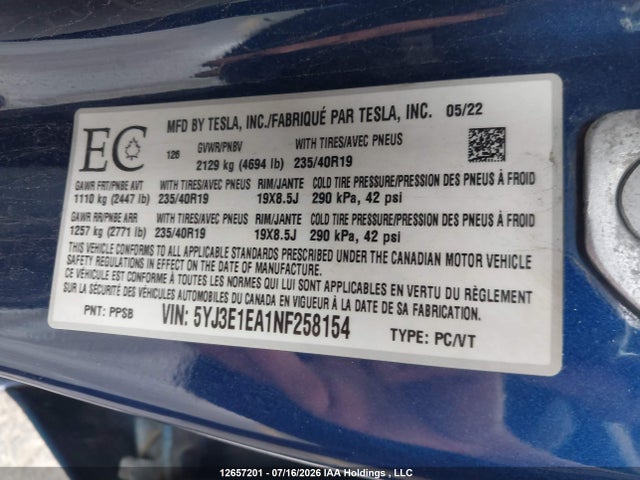 5YJ3E1EA1NF258154 Tesla Model 3 Rwd/standard Range