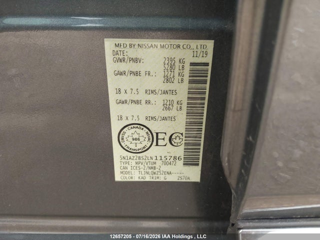 Продаж на аукціоні авто 2020 Nissan Murano Sv, vin: 5N1AZ2BS2LN115786, номер лоту: 12657205