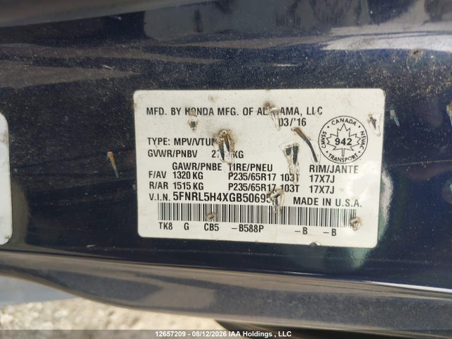 2016 Honda Odyssey Ex მანქანა იყიდება აუქციონზე, vin: 5FNRL5H4XGB506952, აუქციონის ნომერი: 12657209