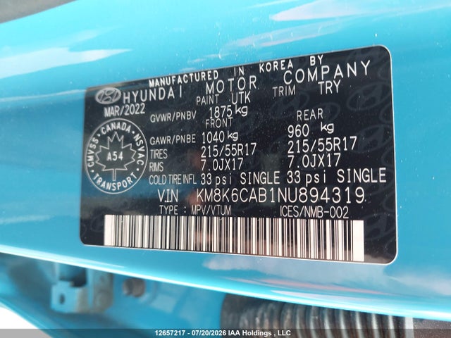 Aukcja sprzedaży 2022 Hyundai Kona Preferred Awd With Sun And Leather Package, vin: KM8K6CAB1NU894319, numer aukcji: 12657217