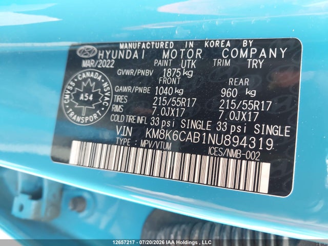 Aukcja sprzedaży 2022 Hyundai Kona Preferred Awd With Sun And Leather Package, vin: KM8K6CAB1NU894319, numer aukcji: 12657217