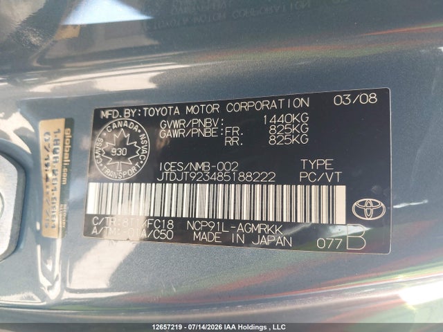 12657219 :رقم المزاد ، JTDJT923485188222 vin ، 2008 Toyota Yaris مزاد بيع