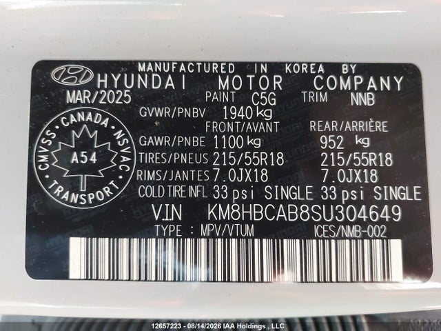 Auction sale of the 2025 Hyundai Kona Preferred Awd, vin: KM8HBCAB8SU304649, lot number: 12657223