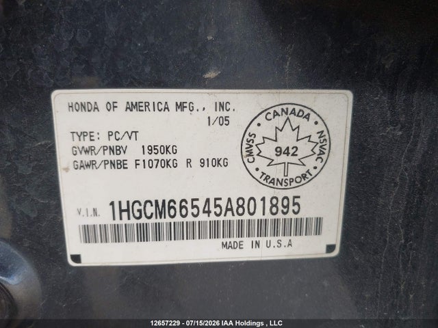 12657229 :رقم المزاد ، 1HGCM66545A801895 vin ، 2005 Honda Accord Ex مزاد بيع