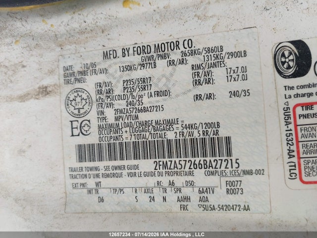 12657234 :رقم المزاد ، 2FMZA57266BA27215 vin ، 2006 Ford Freestar Sport مزاد بيع