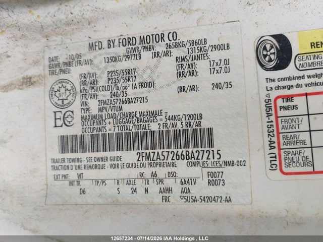 12657234 :رقم المزاد ، 2FMZA57266BA27215 vin ، 2006 Ford Freestar Sport مزاد بيع