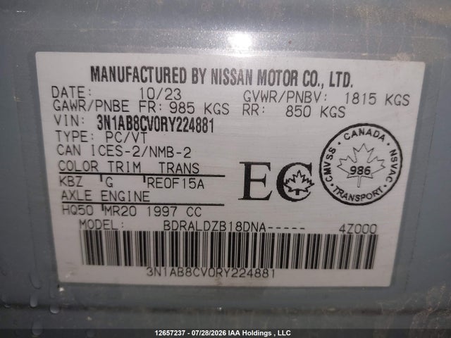 3N1AB8CV0RY224881 Nissan SENTRA SV