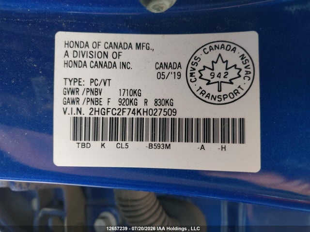 Honda CIVIC EX 2019 2HGFC2F74KH027509 Image 18