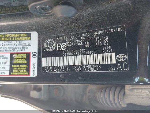 2T1BURHE6GC535609 Toyota Corolla L/le/le Pls/prm/s/s Pls