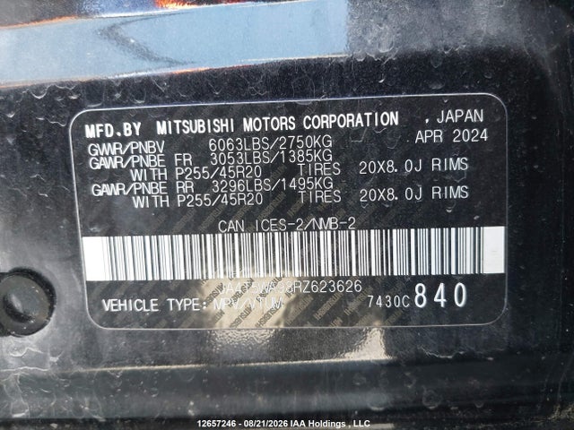2024 Mitsubishi Outlander Gt/gt Noir/gt Premium/noir მანქანა იყიდება აუქციონზე, vin: JA4T5WA98RZ623626, აუქციონის ნომერი: 12657246